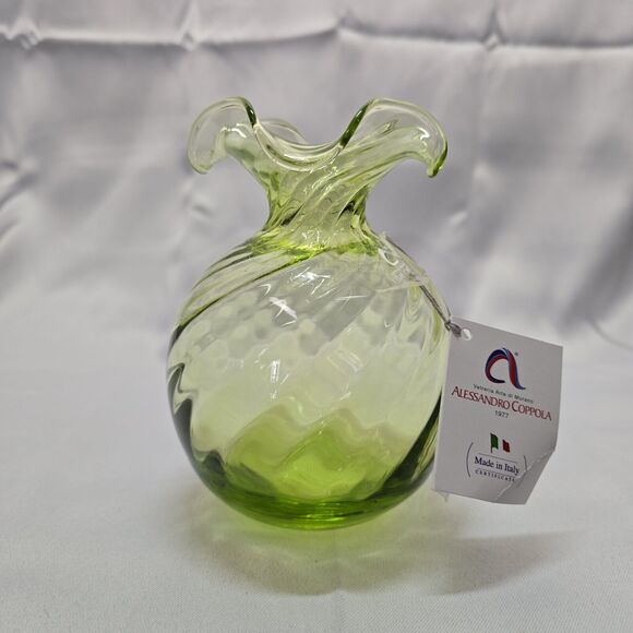 Alessandro Coppola Green Murano Scalloped Rim Glass Vase - Made In Italy - Picture 10 of 12
